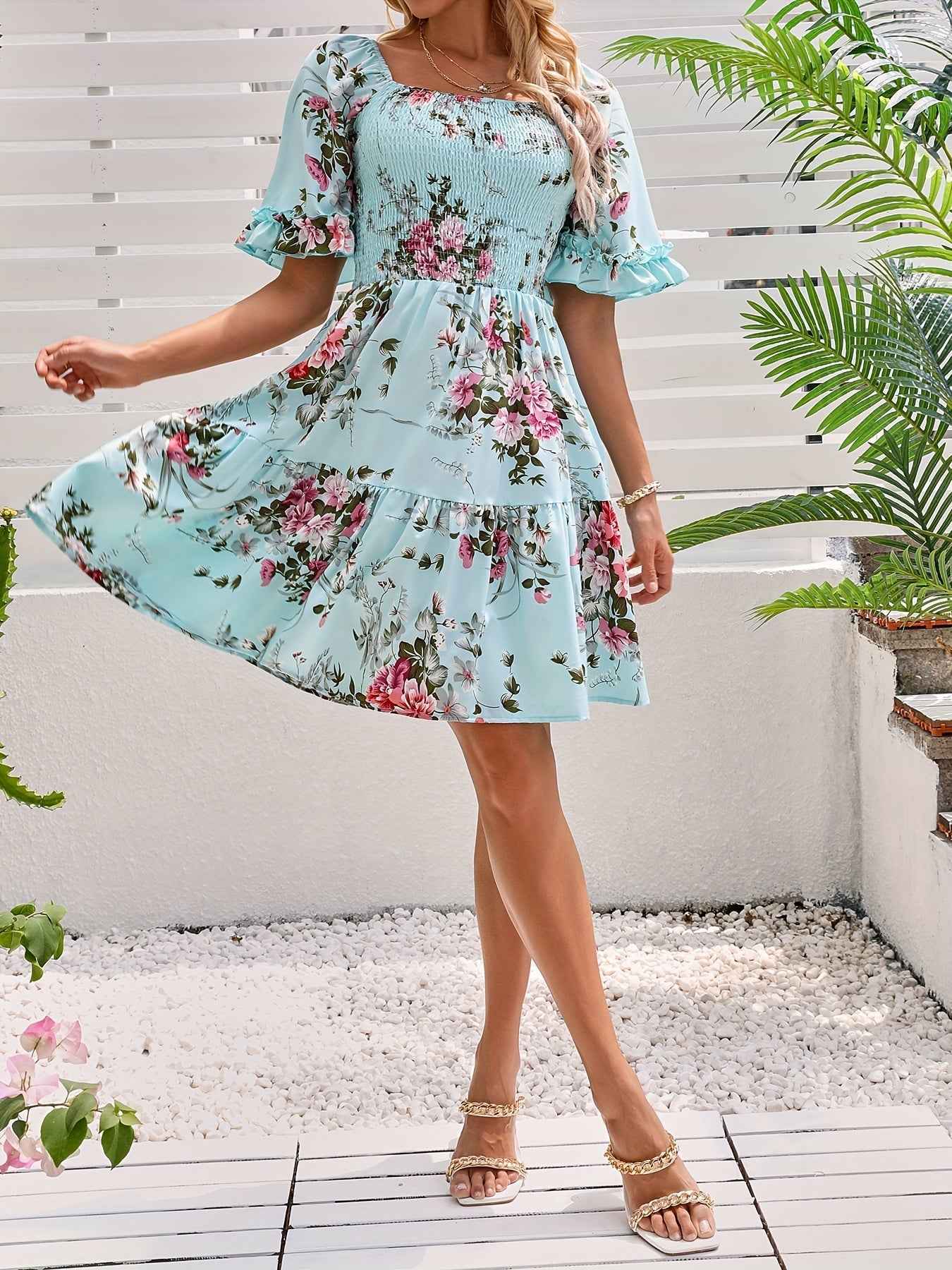 Floral Shirred Waist Square Neck Dress